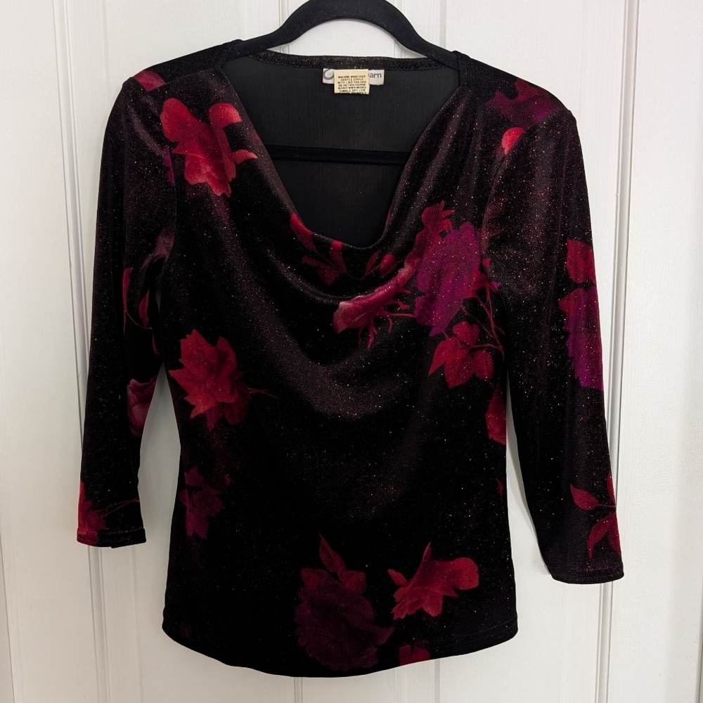 VTG Dressbarn Sparkly Velvet Top SMALL Whimsigoth Vamp Holidays Cowl‎ Neck Roses